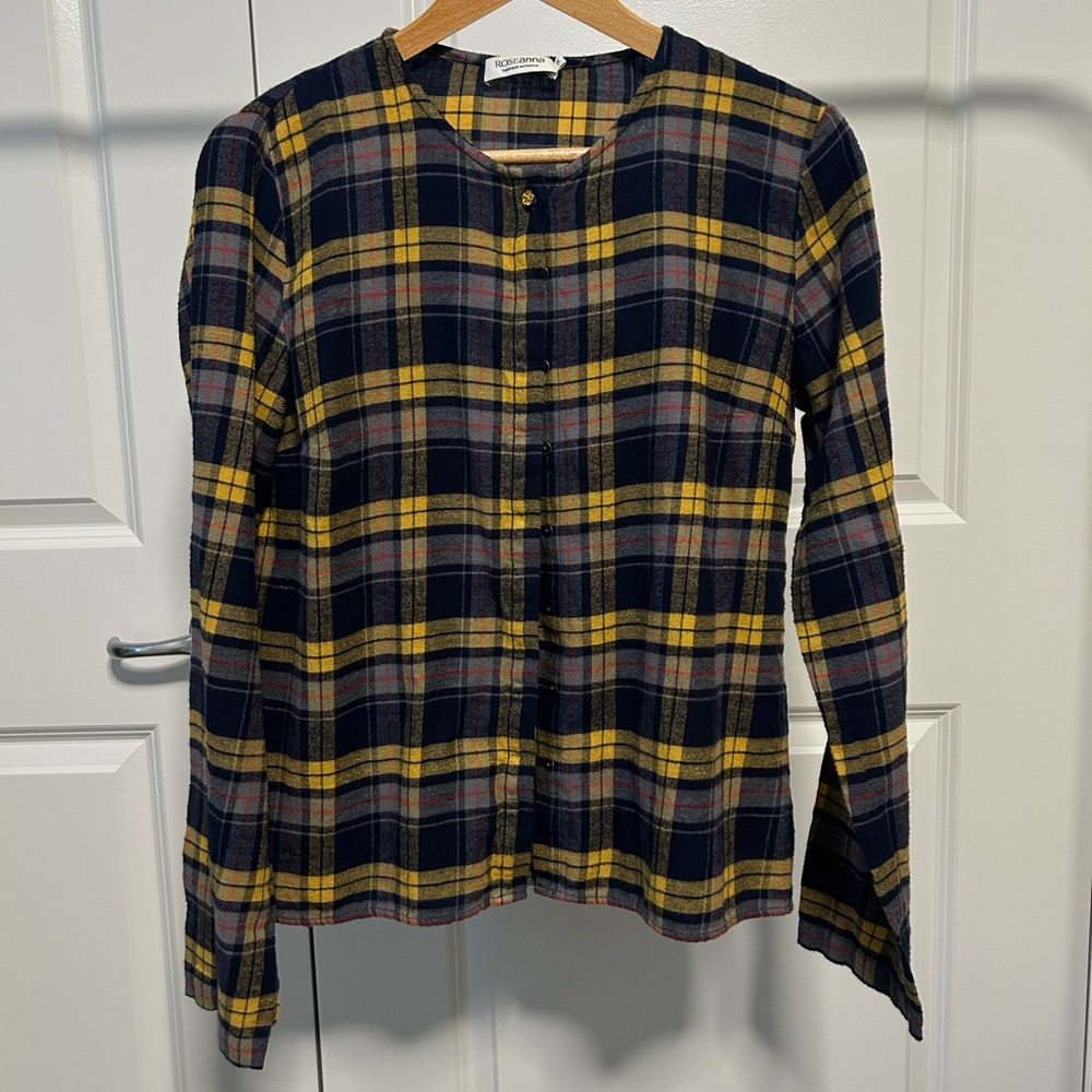 Roseanna Yellow and Grey Long Sleeve Button-Up Plaid Top